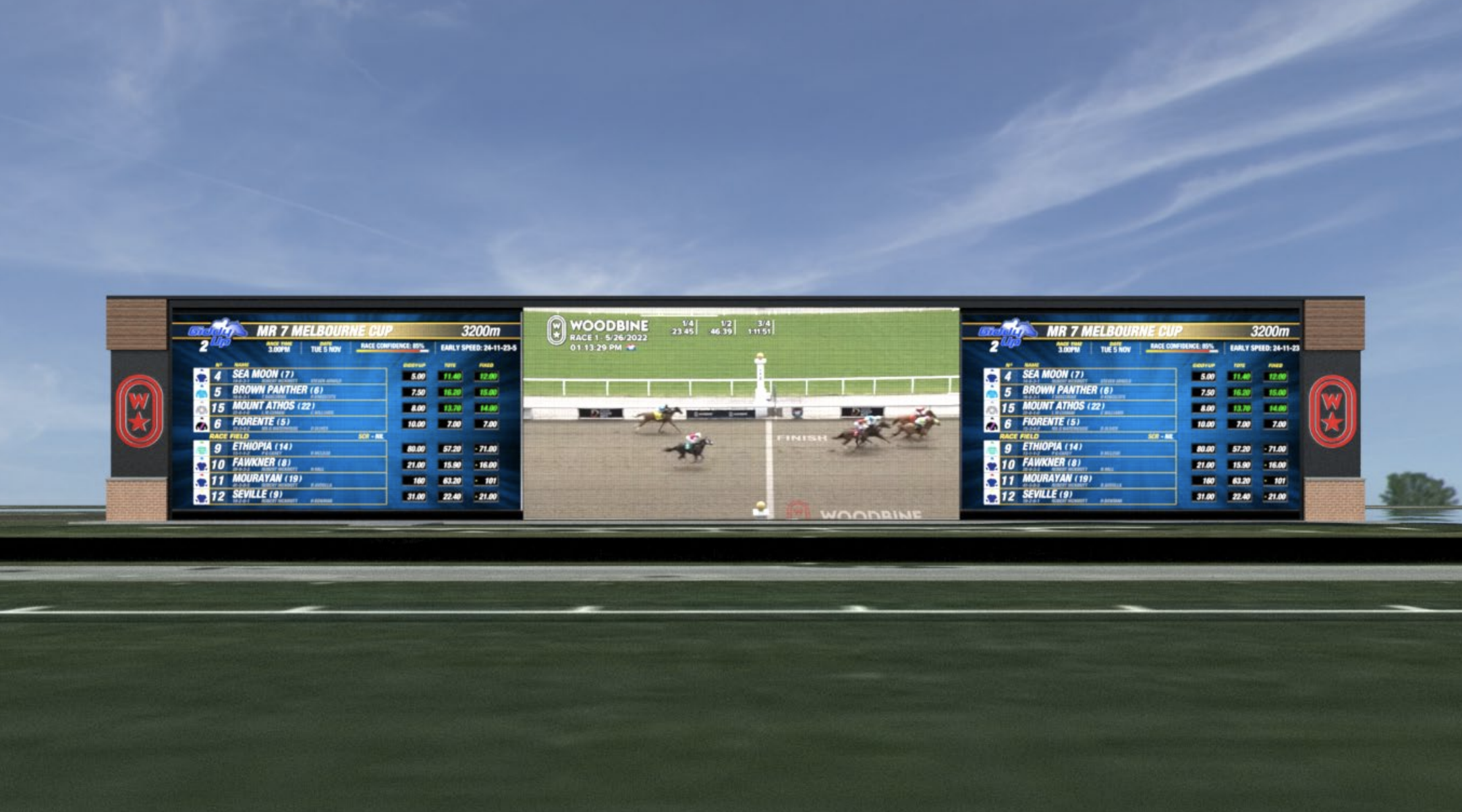 Rendering of the new infield video board at Woodbine Racetrack.