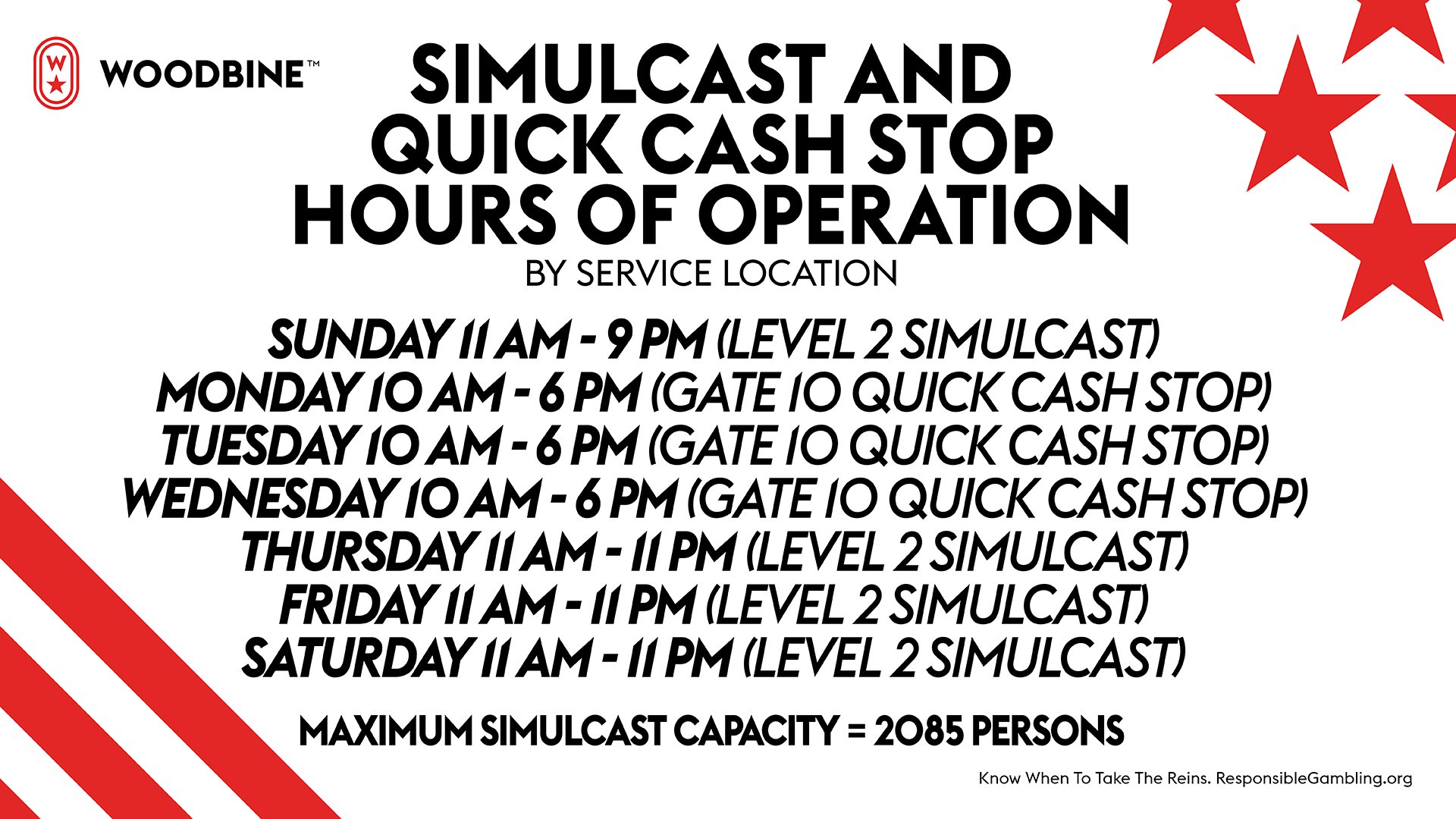 Simulcast and Quick Cash Stop Services are available at Woodbine Racetrack.