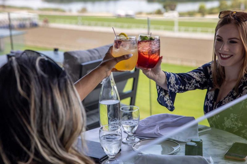 Guests cheering at Stella Artois Terrace at Woodbine Racetrack with a background view of the track from the patio.