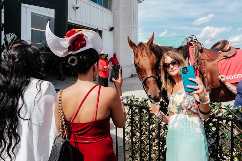 Ladies taking selfies with horses at the Greenwood Stakes at Woodbine Racetrack