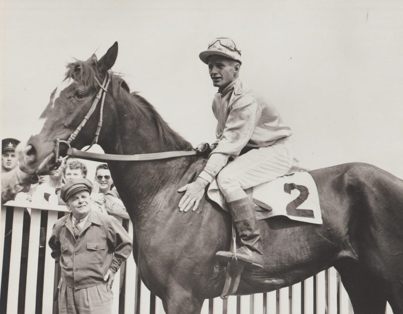 Jockey Alf Bavington celebrates winning the 92nd King's Plate with Major Factor on May 26, 1951 (Photo courtesy of Georgina MacDougall)