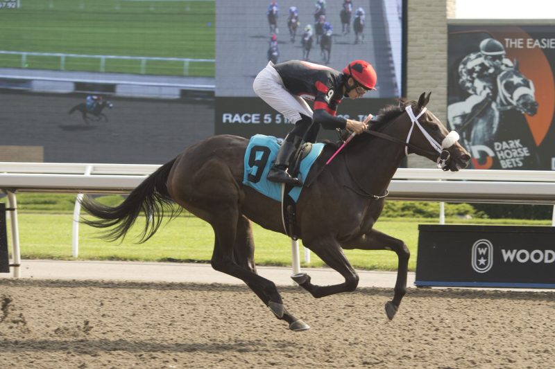 A Touch of Red and jockey Slade Jones winning the 5th race on September 10 2022 at Woodbine (Michael Burns Photo)